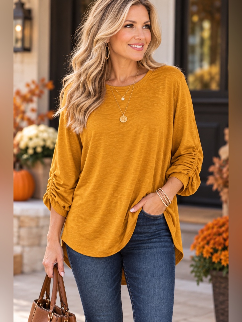 I.N. Studio Mustard Gold Tunic Top XL Ruched Sleeve Soft Knit